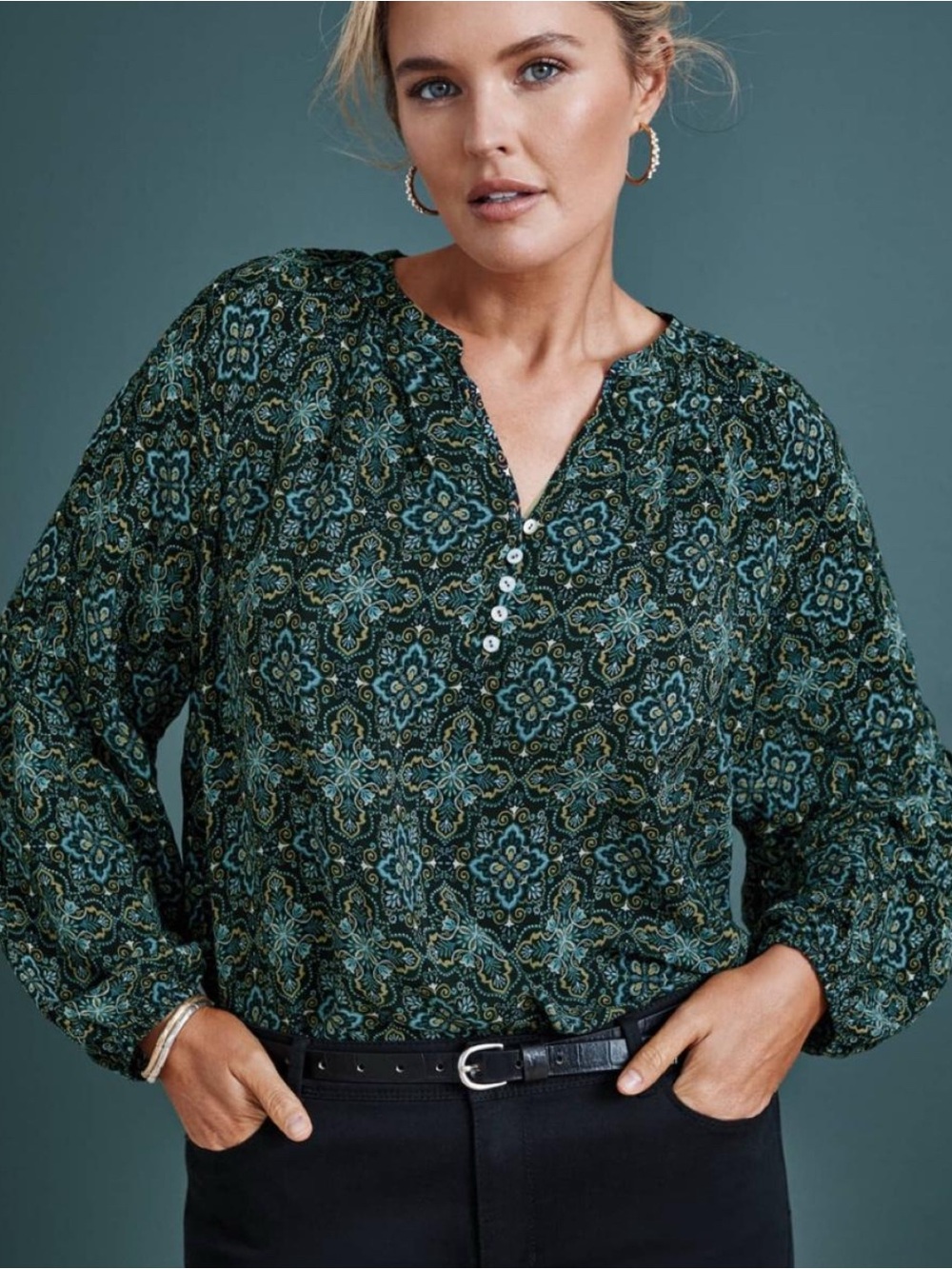 J.Jill Medallion-Printed Shirred Top Size Petite Small